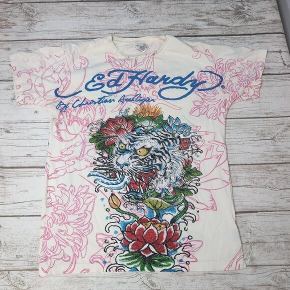 Ed Hardy Other - Y2K Ed Hardy Rhinestone AOP T Shirt Men Size Large